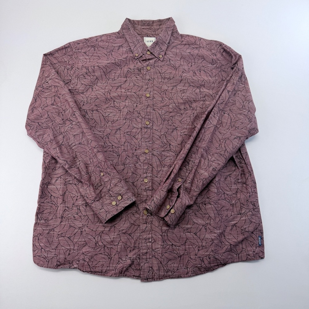 ROWM Mens XL Long Sleeve Button Down Shirt Burgundy Leaf Print Cotton Blend